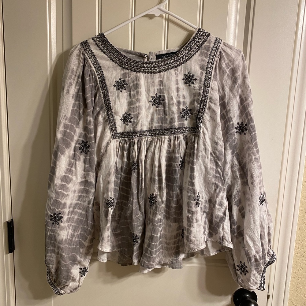 Zara Tie Dye Boho Balloon Sleeve Beaded Blouse Sz S
